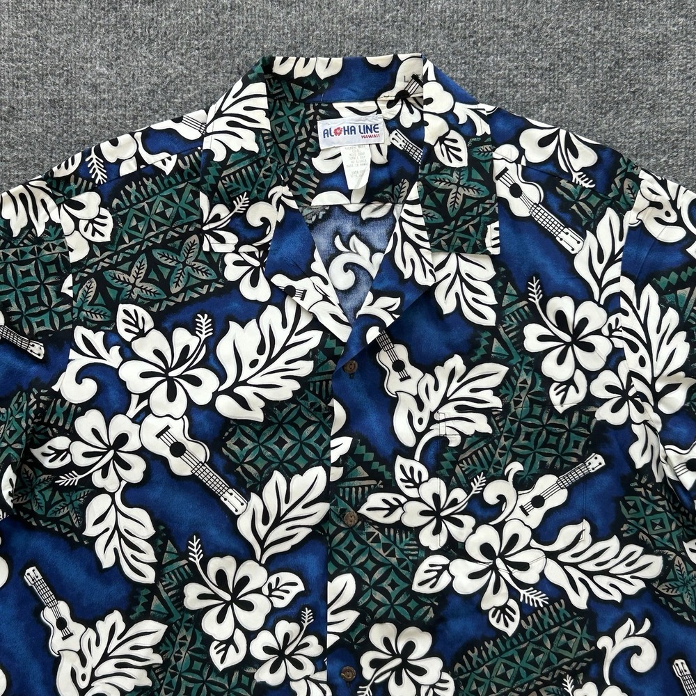 Aloha Line Shirt Men Extra Large Blue UkuleleHawaiian Cotton USA Made Camp Vtg‎